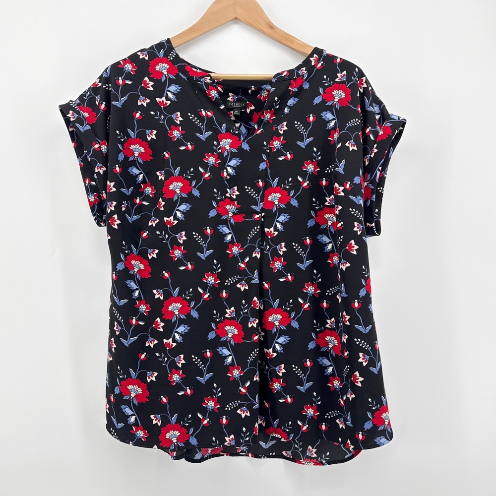 Talbots Plus Petite 1XP Black Red‎ Floral Split Neck Cap Sleeve Blouse VN5352